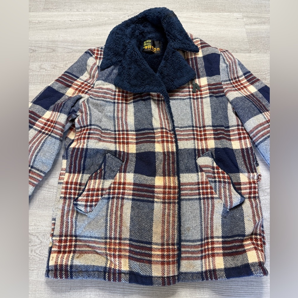 Vintage 70s Silton California Blue Tan Wool Plaid  Plush Chore Jacket Medium 10